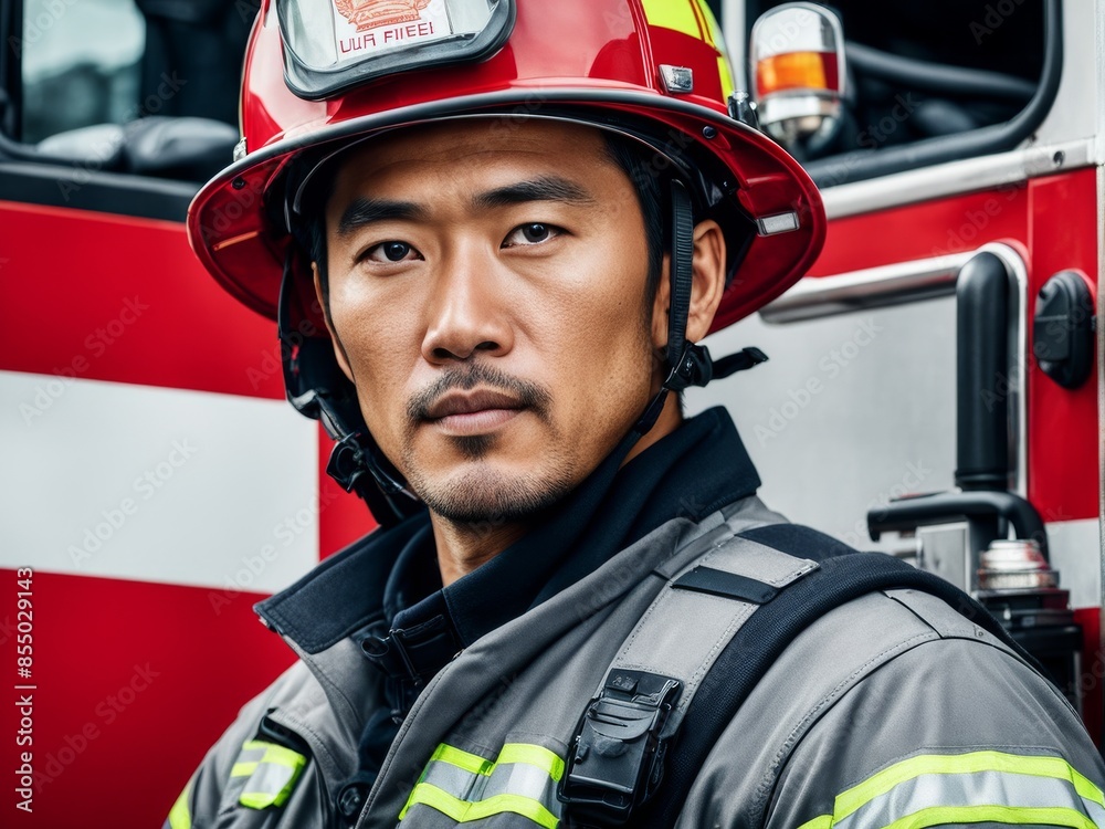 Portrait of Asian firefighter, a symbol of community safety, stands with the fire truck. generative AI Portrait of Asian firefighter, a symbol of community safety, stands with the fire truck. generative AI