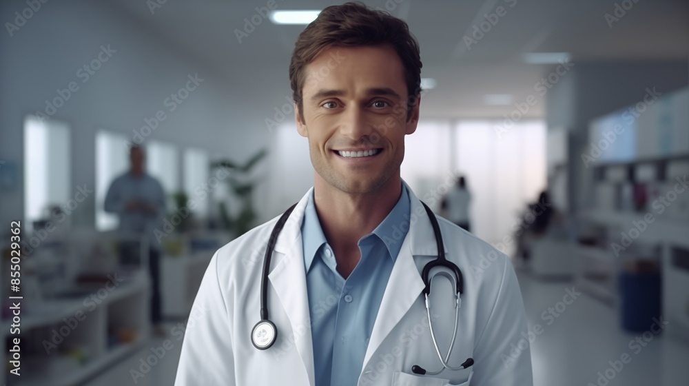 Smiling Doctor in Lab Coat with Stethoscope in Modern Hospital Setting. Smiling Doctor in Lab Coat with Stethoscope in Modern Hospital Setting.