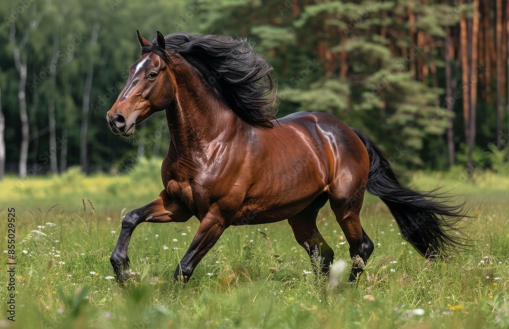 Obraz premium Bay Horse Running Through Green Meadow in Summer