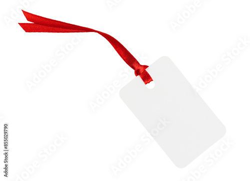White gift tag with red ribbon isolated on transparent background