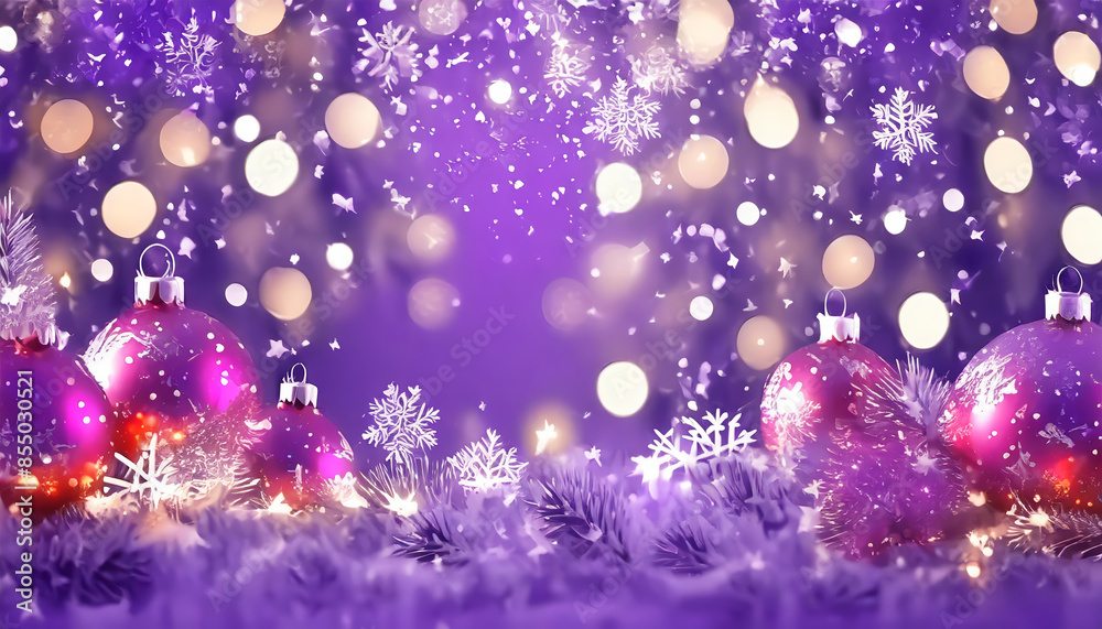 Fototapeta premium Festive still life with Christmas baubles on a purple background, enhanced by snowflakes and a dreamy bokeh effect. Perfect for holiday-themed designs.