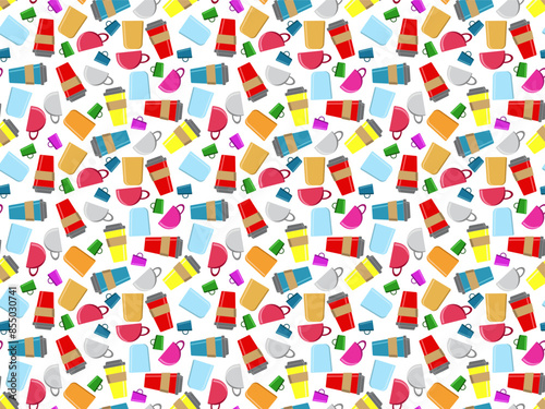 Seamless pattern made of several cup - several size, form, shape and color. Components of pattern grouped - you can make bigger size of symbols and pattern. White background (backdrop). Drink.