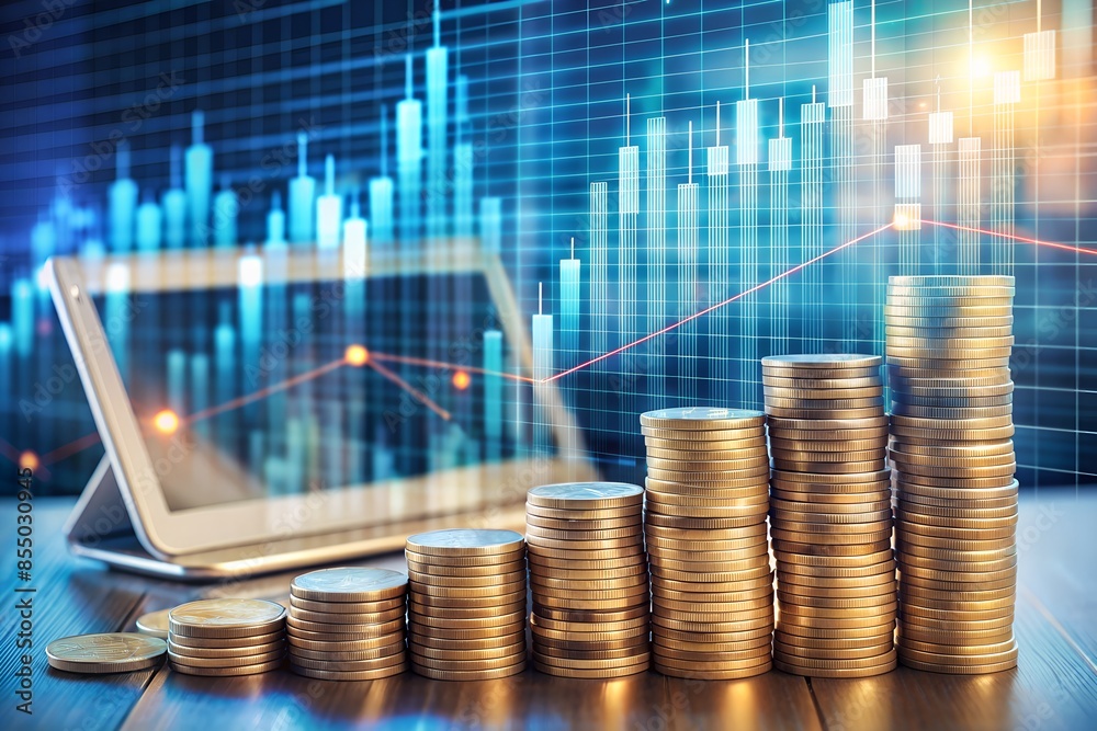 An abstract digital representation of a savings account with coins and financial data on a screen, depicting the blend of technology and money-saving practices.