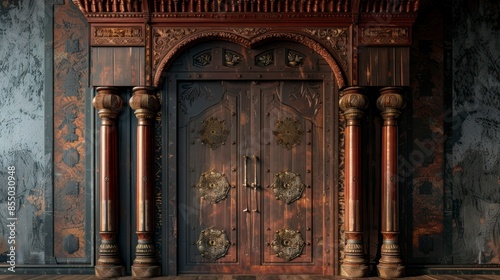ancient dark old wooden door with pillar, sculpted oriental ornament, showing history and heritage