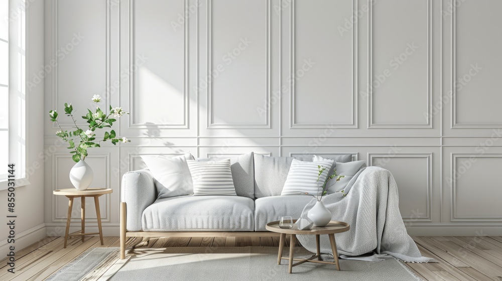 minimalist interior design in a modern bedroom, focusing on a grey sofa with striped pillows against a white wall featuring wood paneling, with a side table on the left and a coffee cup. minimalist interior design in a modern bedroom, focusing on a grey sofa with striped pillows against a white wall featuring wood paneling, with a side table on the left and a coffee cup.