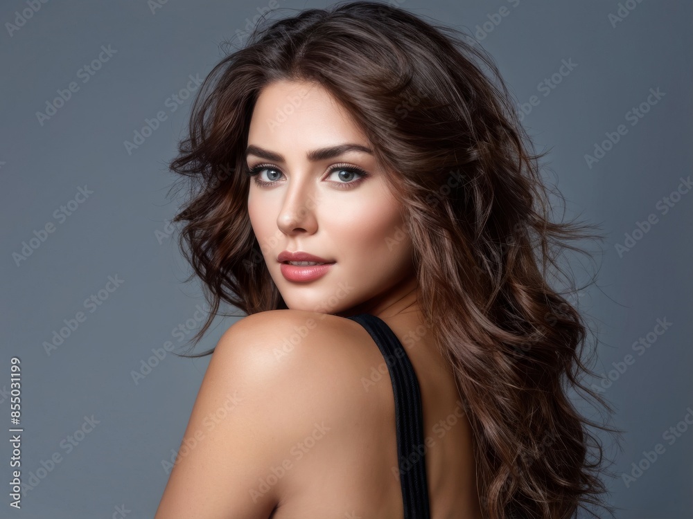 Classic Beauty: Woman shines on a simple grey backdrop, timeless elegance. generative AI Classic Beauty: Woman shines on a simple grey backdrop, timeless elegance. generative AI
