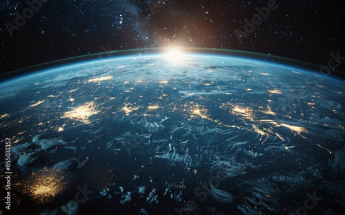 Earthrise Over Nighttime City Lights With Milky Way and Shooting Stars