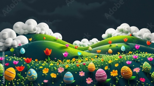 beautiful cartoony illustration of easter eggs in the grass field with flowers blooming 