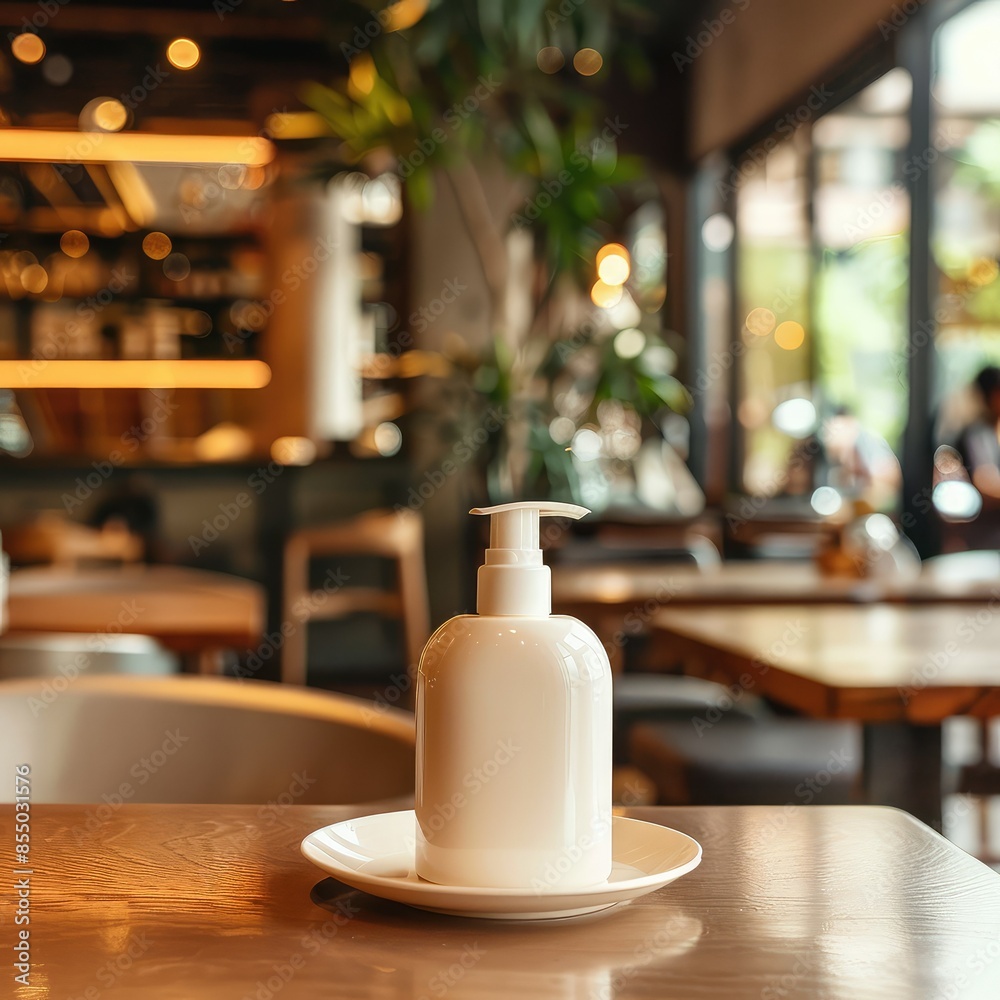 Hand sanitizer on the table in the restaurant. Hand sanitizer on the table in the restaurant.