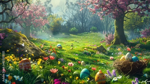beautiful realistic illustration of easter eggs in the forest grass with flowers blooming 
