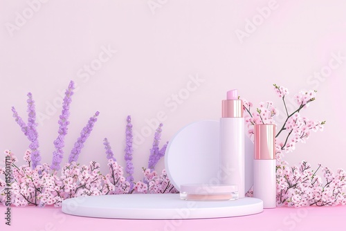 Purple lavender flower podium on a 3D stand with cosmetic products. Floral spring backdrop for beauty display. 
