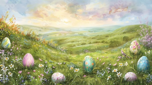painting illustration colorful easter egg theme landscape with colorful flowers, hills and grass