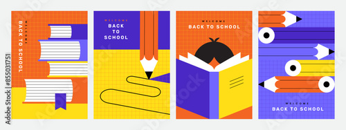 Bright, colorful back to school posters or banners set with books and pencils.