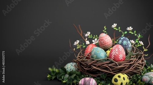 3d illustration of colorful easter eggs in a basket with flowers, with copy space