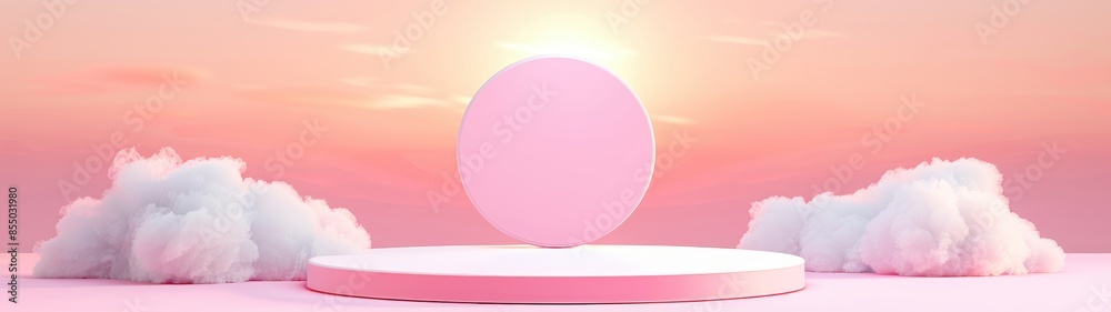 Obraz premium Luxury product display podium on pink background with 3D sky platform. Dreamy stage with romantic pastel sunset backdrop. 