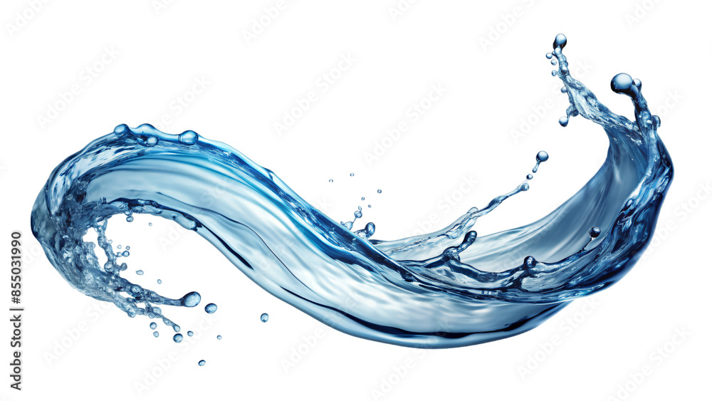 A clear blue water splash bursts into motion on a clean white background A clear blue water splash bursts into motion on a clean white background