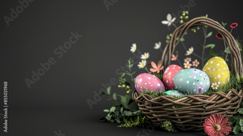3d illustration of easter eggs in a basket with flowers, with copy space
