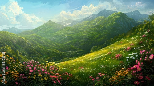 peaceful illustration of fantasy mountain and hill landscape with green field and flower