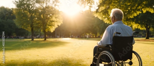 Senior man in wheelchair in park. Handicapped elderly person enjoying a peaceful outdoor moment.