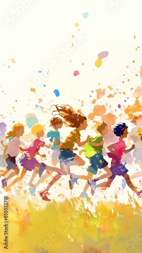 A group of children are running in a field. The children are wearing different colored shirts and shorts. The scene is lively and energetic, with the children running and playing together