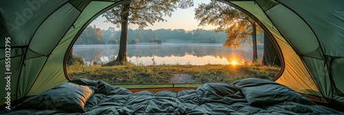View from inside a green tent overlooking an urban park lake and trees, creating a serene camping experience in city nature. Captured through one side door, photorealistic, highly detailed. photo