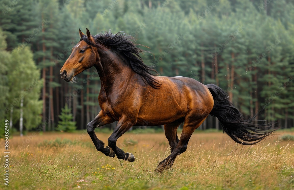 Bay Horse Running Through Green Meadow in Summer Bay Horse Running Through Green Meadow in Summer