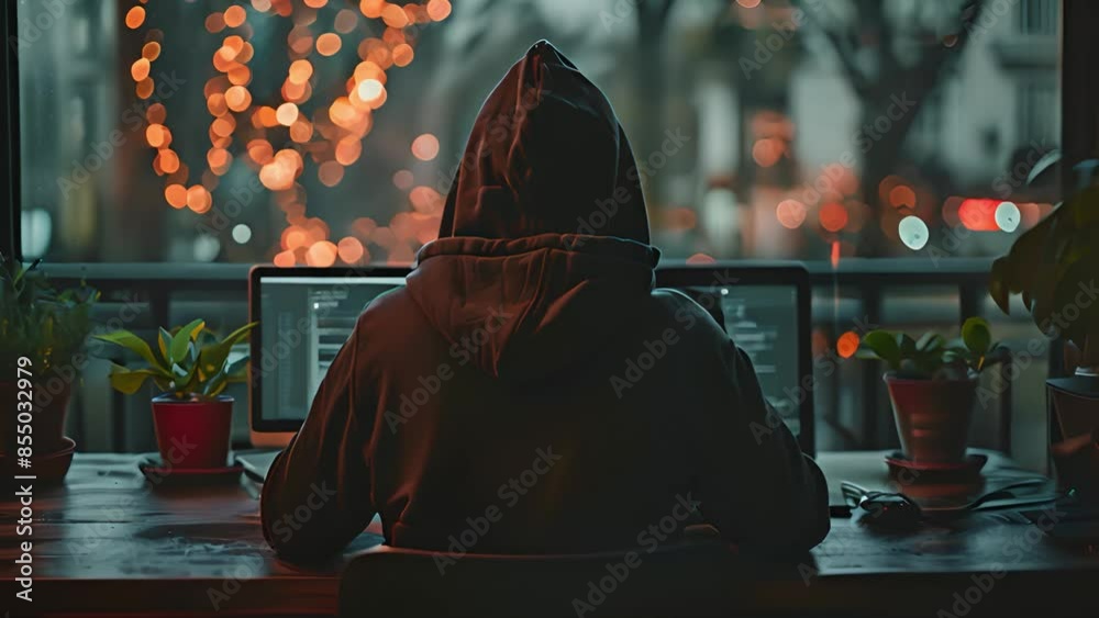 A person in a hoodie sits at a desk with a laptop, working late at night. The glow of street lights shines through the window behind them.
