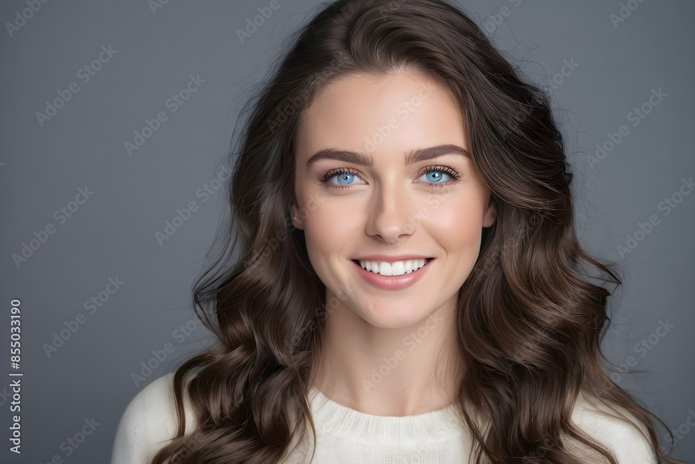 Portrait of beautiful smiling woman with white teeth and long wavy brunette hair on gray background. Elegant female with perfect smile and cheerful expression. Portrait of beautiful smiling woman with white teeth and long wavy brunette hair on gray background. Elegant female with perfect smile and cheerful expression.