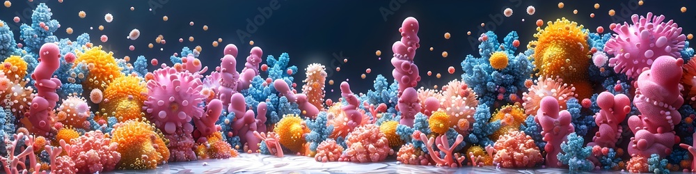 Obraz premium Whimsical Interpretation of the Gut Microbiome Fantastical Anthropomorphized Bacterial Colonies in