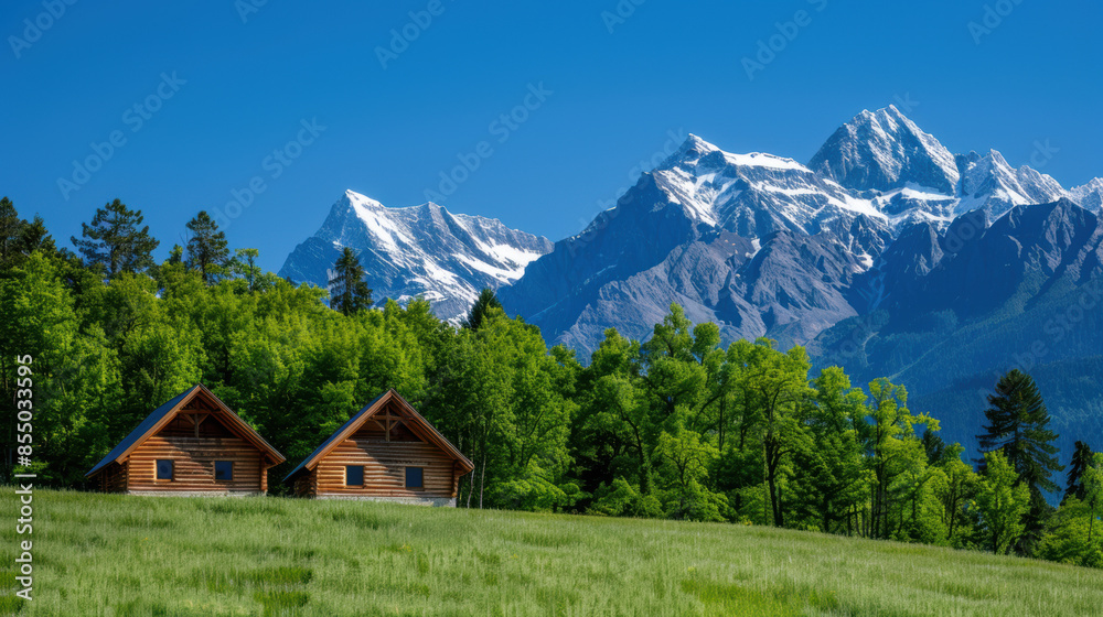 Two log cabins sit in a grassy field in front of a mountain range Two log cabins sit in a grassy field in front of a mountain range