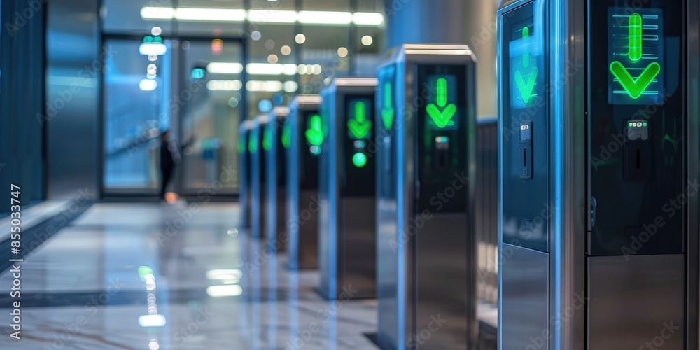 Security Gates with Green Down Arrows in Modern Office Building Security Gates with Green Down Arrows in Modern Office Building