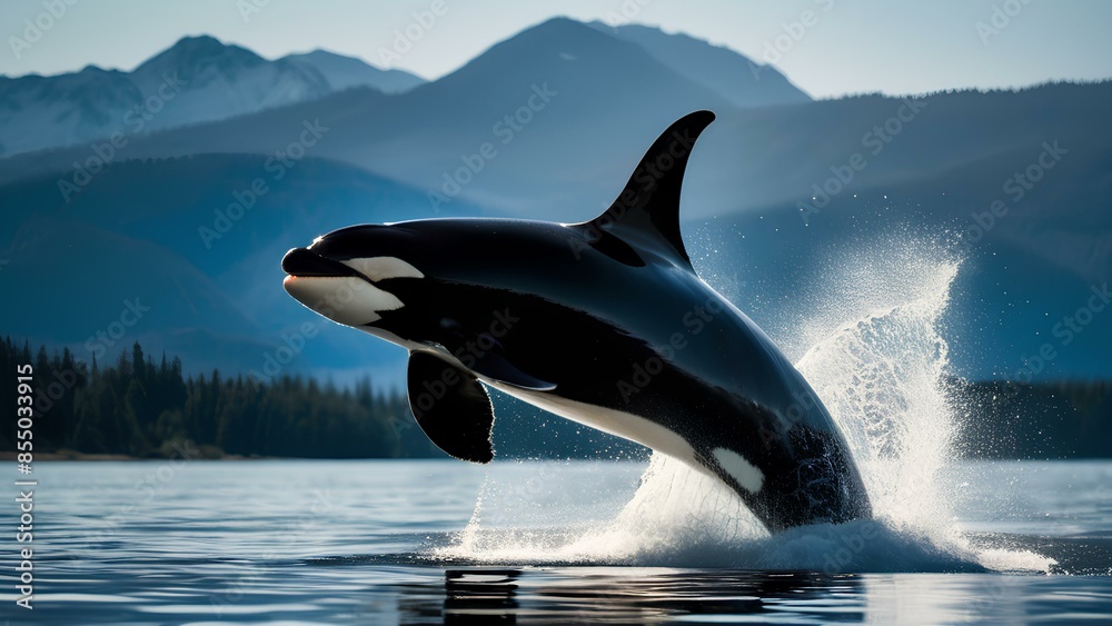 Fototapeta premium A large black and white whale is leaping out of the water. The scene is serene and peaceful, with the whale's powerful splash creating ripples in the water