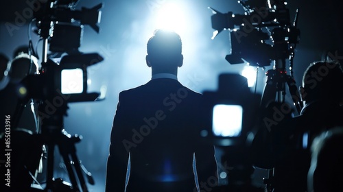 Man at media event surrounded by cameras Public figure silhouette