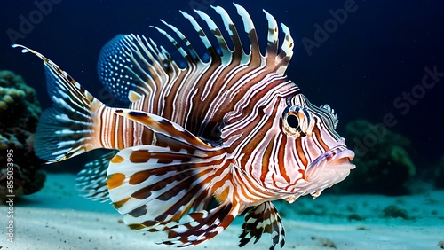 A lionfish with a black and white striped tail swims in the ocean. The fish is surrounded by coral and seaweed photo