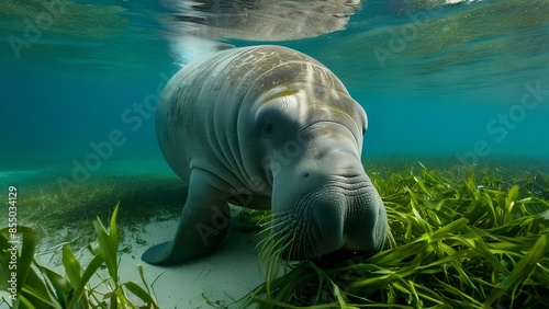 A manatee is swimming in the ocean and eating grass. The scene is peaceful and serene, with the manatee calmly grazing on the green grass photo