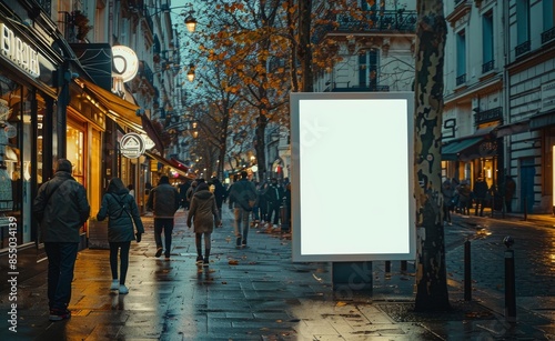 Blank Billboard Advertisement On City Street With Autumn Foliage