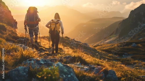 Mountain travel hike people adventure man summer journey tourism group sunset trekking. Hike travel woman mountain walk active backpack nature together sport young trail outdoor. Generative Ai © Nisa