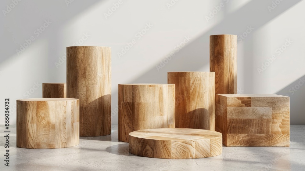 A set of wooden podiums for product display, made from natural wood with visible grain texture, arranged in an abstract and minimalist composition on a white background. A set of wooden podiums for product display, made from natural wood with visible grain texture, arranged in an abstract and minimalist composition on a white background.