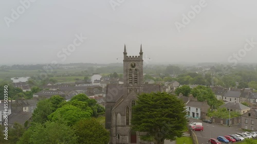 St. John's Church, Ballinasloe Galway Ireland, drone descends on foggy day photo