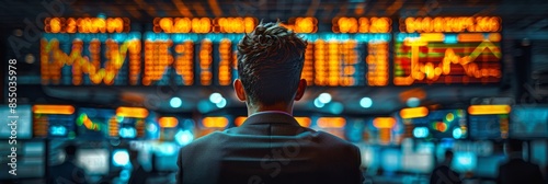 Businessman analyzing rising stock market data on digital display in dim office with colleagues. Scene represents financial battlefield and economic disparity. Cinematic, high-resolution photo.