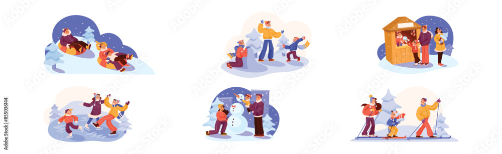 Fototapeta premium Happy Family in Winter Season Enjoy Recreation Activity Vector Set
