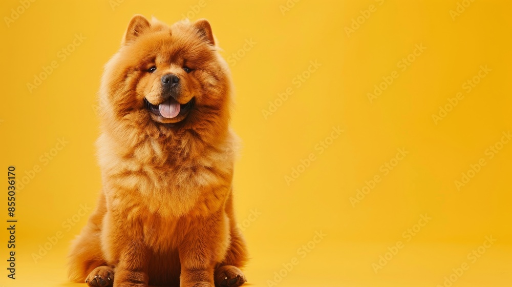 Chow Chow dog on yellow background, studio shot. Cute and fluffy pet portrait. Chow Chow dog on yellow background, studio shot. Cute and fluffy pet portrait.