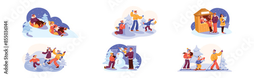 Happy Family in Winter Season Enjoy Recreation Activity Vector Set