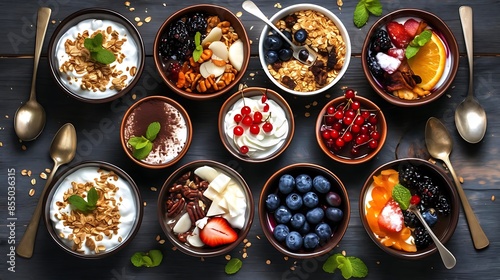 healthy dessert recipes presented on a black table, featuring a variety of bowls and spoons in silver, wood, and brown finishes, topped with fresh strawberries and green leaves