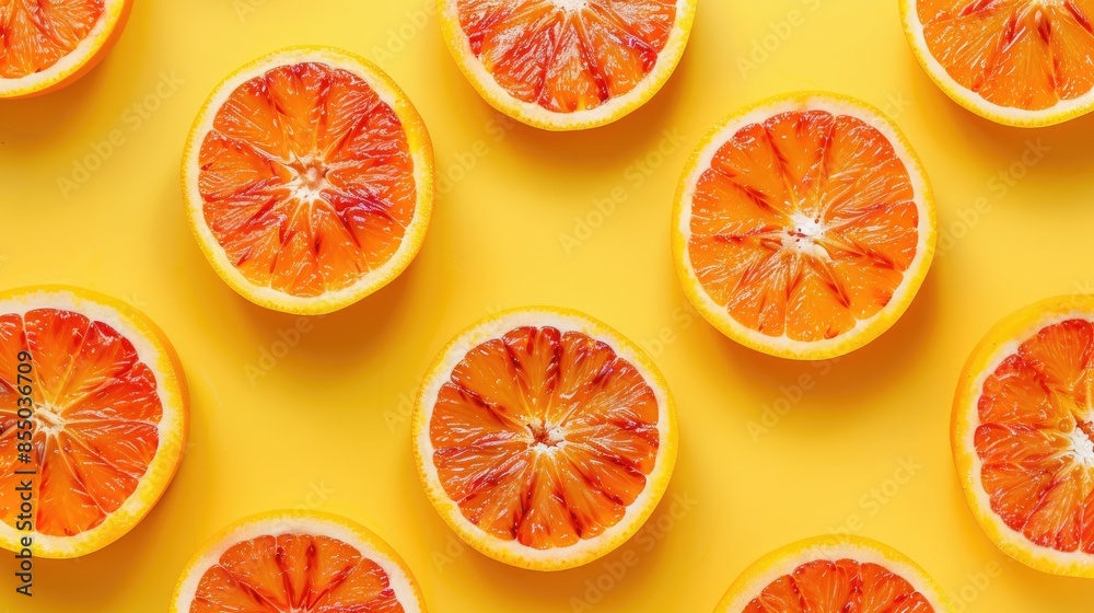 Fresh orange slices on yellow background in pop art style viewed from above with space for text Fresh orange slices on yellow background in pop art style viewed from above with space for text