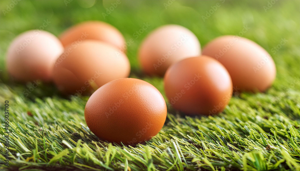 Brown chicken eggs on green grass in garden. Organic farm product. Natural food. Brown chicken eggs on green grass in garden. Organic farm product. Natural food.