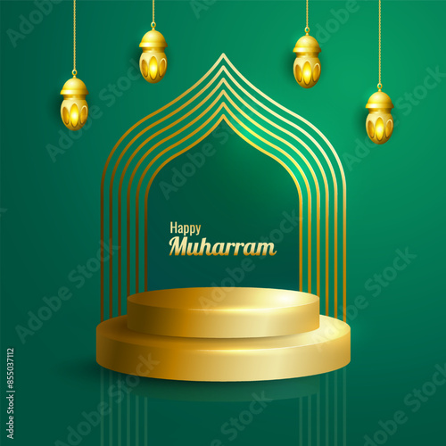 Realistic Happy muharram podium backgroud, muharram festival muslim holiday suitable for greeting card, business, poster, est