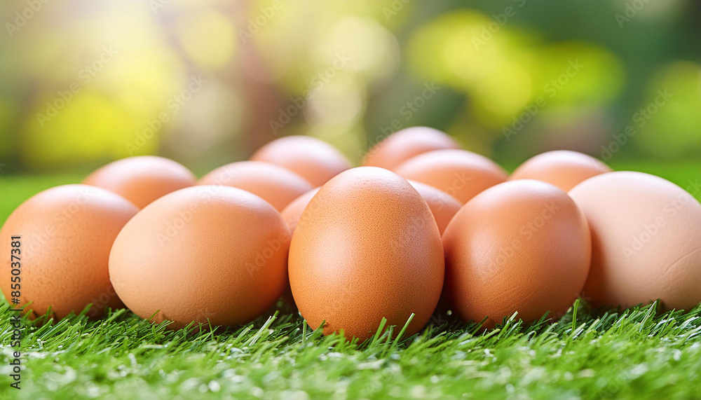 Brown chicken eggs on green grass in garden. Organic farm product. Natural food. Brown chicken eggs on green grass in garden. Organic farm product. Natural food.