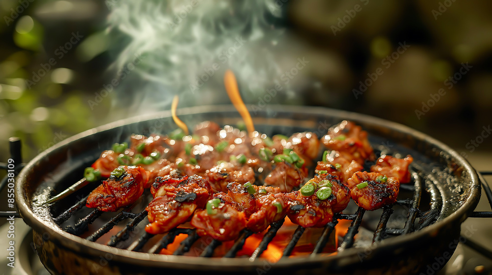 Korean BBQ, assorted meats grilling on a tabletop stove, Korean style grill barbecue dish, Korean style grill barbecue food Korean BBQ, assorted meats grilling on a tabletop stove, Korean style grill barbecue dish, Korean style grill barbecue food