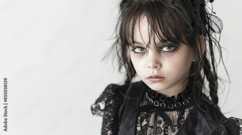 Young girl in gothic lace dress with intense expression. Young girl in gothic lace dress with intense expression.